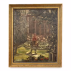 Pictură în ulei pe pânză – scenă de grădină cu pitic ornamental, semnată „S. De Saedeleer”, Belgia, prima jumătate sec. XX Decoratiuni