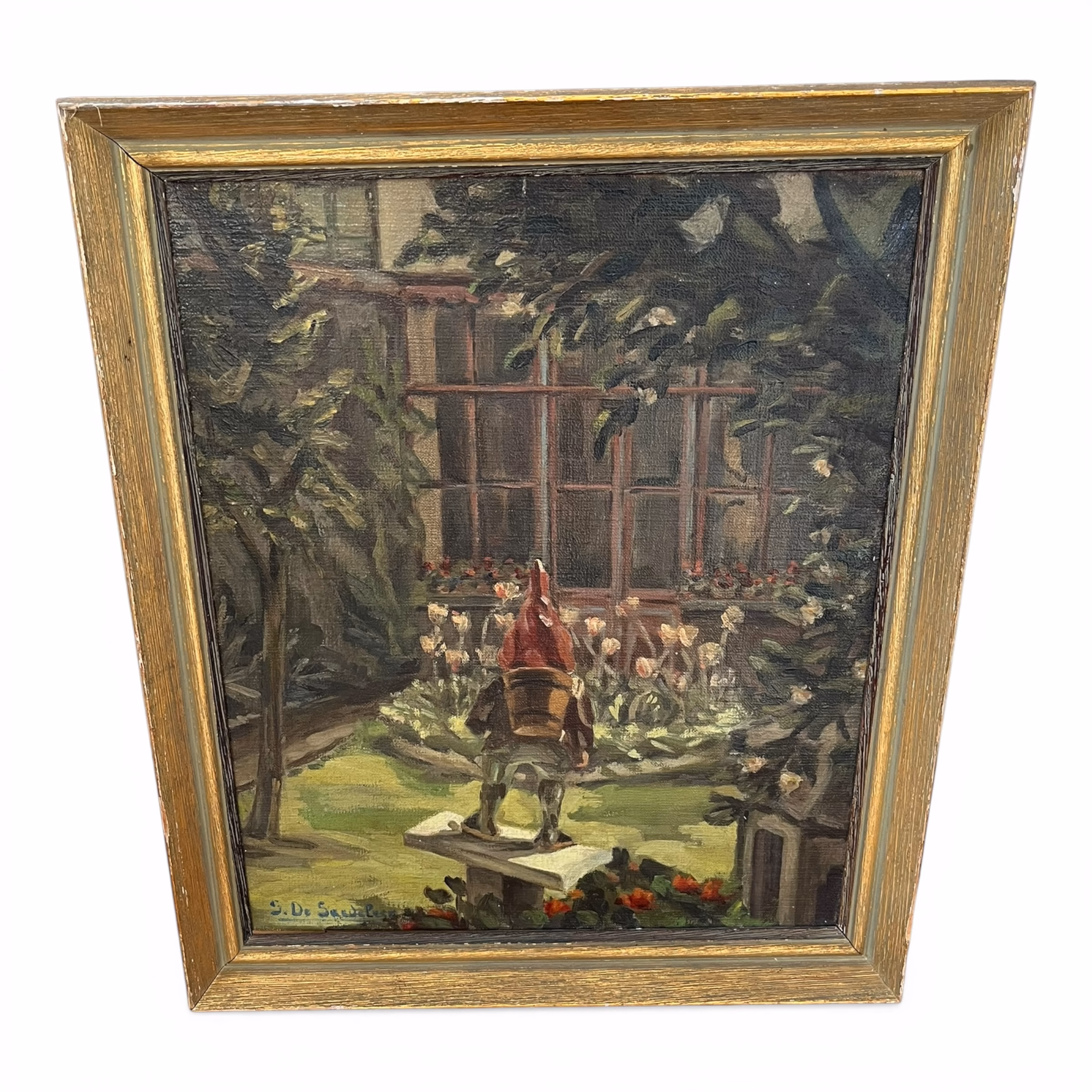 Pictură în ulei pe pânză – scenă de grădină cu pitic ornamental, semnată „S. De Saedeleer”, Belgia, prima jumătate sec. XX Decoratiuni