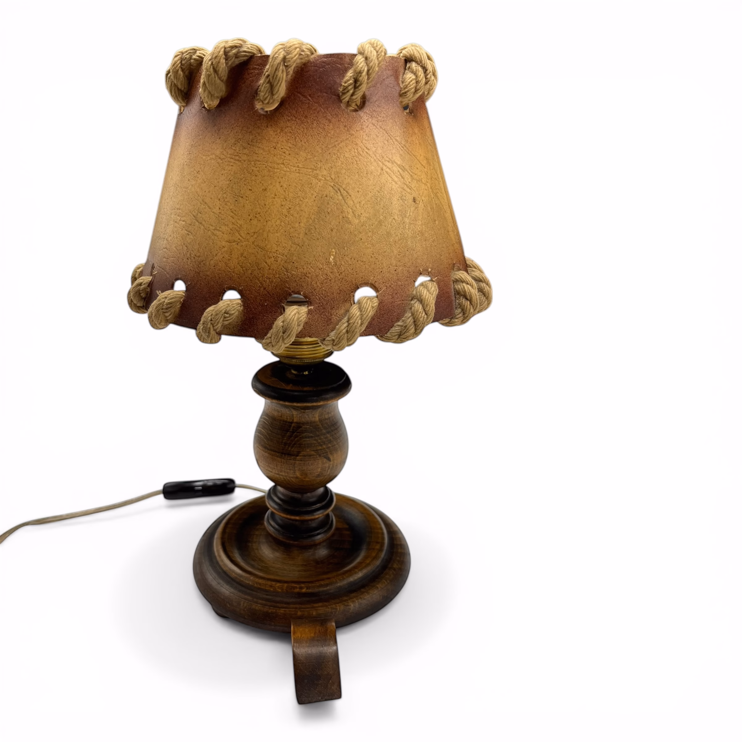 Lampă de masă vintage rustică din lemn masiv cu abajur decorativ din carton și șnur Corpuri de iluminat