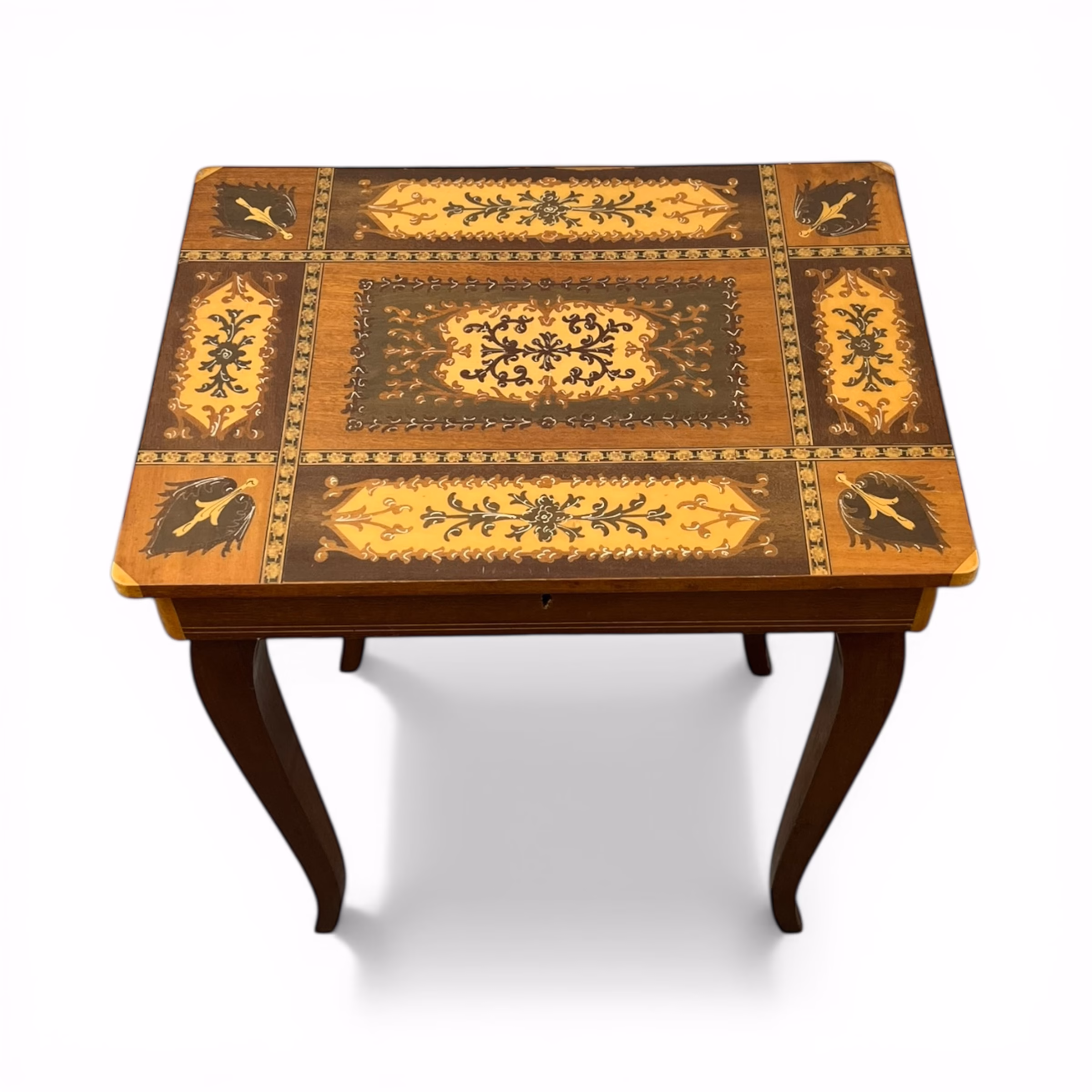 Măsuță vintage de cusut / bijuterii cu marchetărie și mecanism muzical elvețian Lador Mobilier