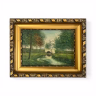 Tablou vintage pe placaj – peisaj cu pod și râu, ramă aurie sculptată Decoratiuni