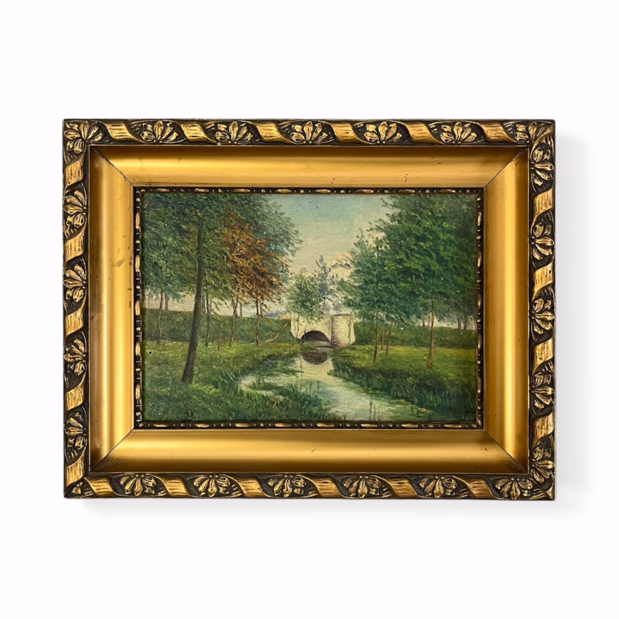 Tablou vintage pe placaj – peisaj cu pod și râu, ramă aurie sculptată
