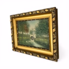 Tablou vintage pe placaj – peisaj cu pod și râu, ramă aurie sculptată Decoratiuni