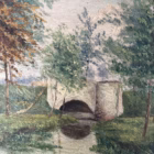 Tablou vintage pe placaj – peisaj cu pod și râu, ramă aurie sculptată Decoratiuni