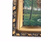 Tablou vintage pe placaj – peisaj cu pod și râu, ramă aurie sculptată Decoratiuni