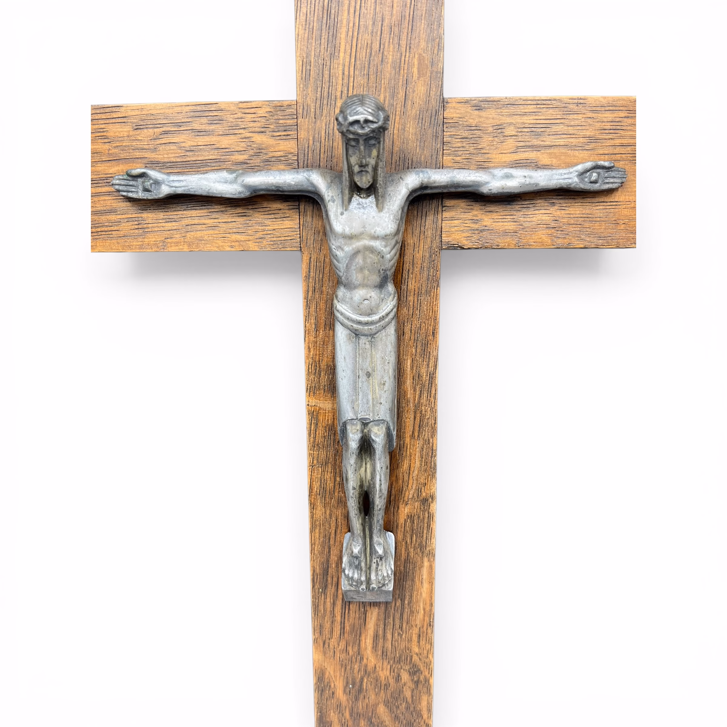 Crucifix vintage din lemn masiv cu corpus metalic, stil modernist, sec. XX Decoratiuni