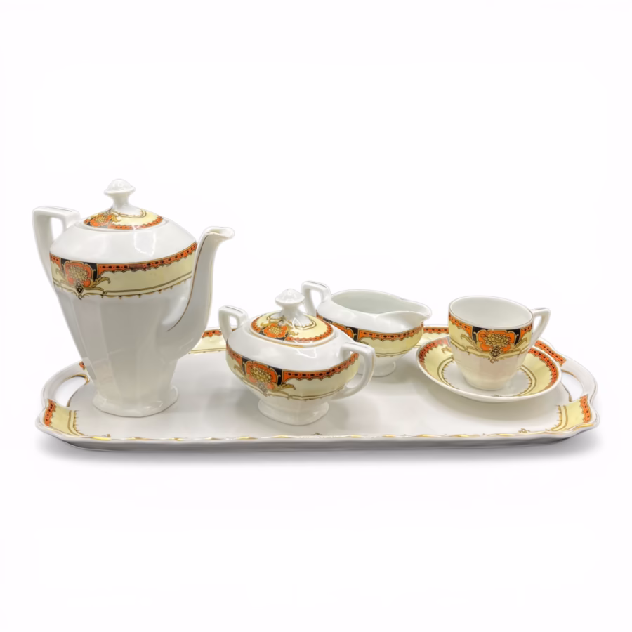 Serviciu cafea Art Deco Victoria China Cehoslovacia, porțelan fin pictat manual, anii 1920–1930 Cesti cafea Magazin de mobila decoratiuni si corpuri de iluminat vintage Serviciu cafea Art Deco Victoria China Cehoslovacia, porțelan fin pictat manual, anii 1920–1930