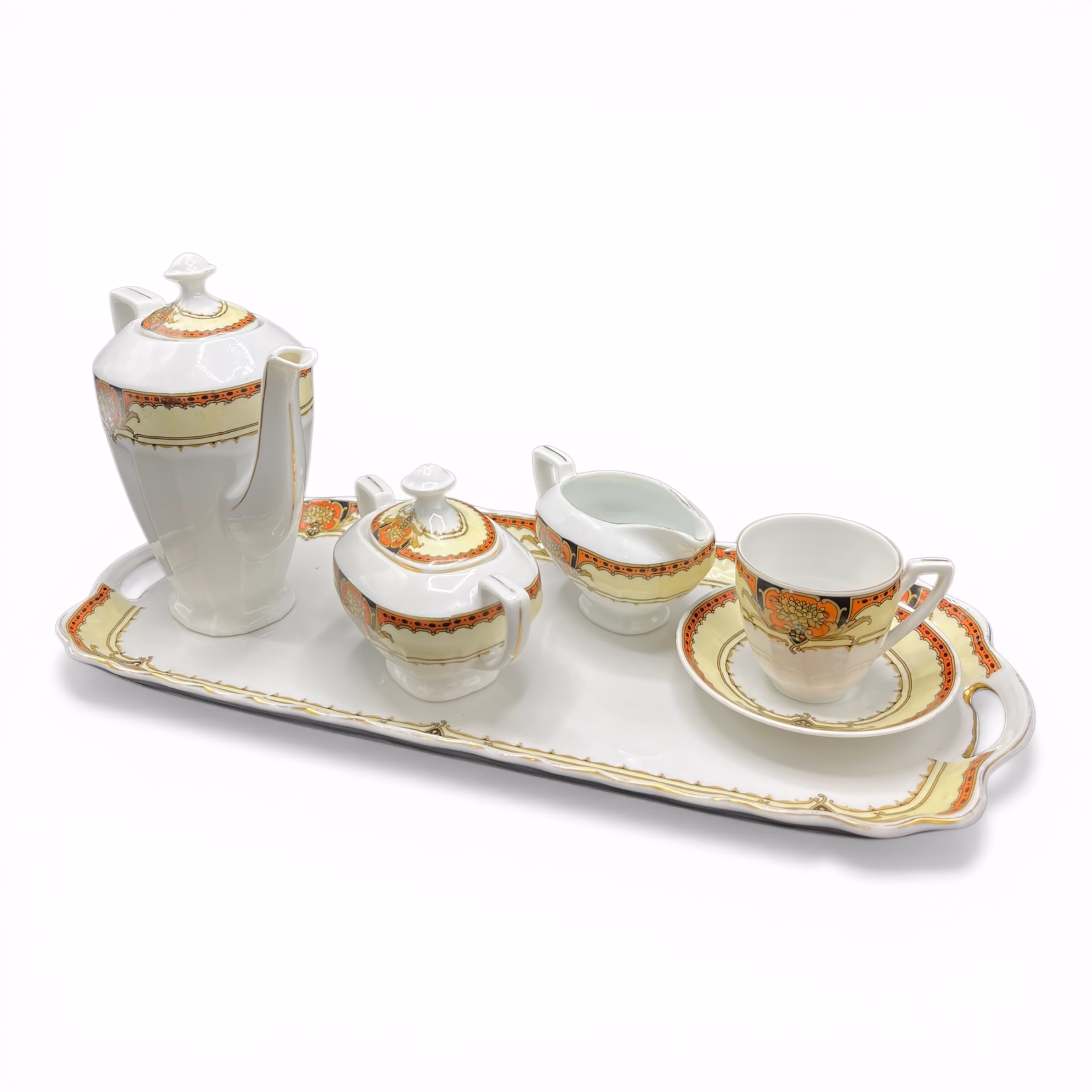 Serviciu cafea Art Deco Victoria China Cehoslovacia, porțelan fin pictat manual, anii 1920–1930 Cesti cafea Magazin de mobila decoratiuni si corpuri de iluminat vintage Serviciu cafea Art Deco Victoria China Cehoslovacia, porțelan fin pictat manual, anii 1920–1930 Cesti cafea