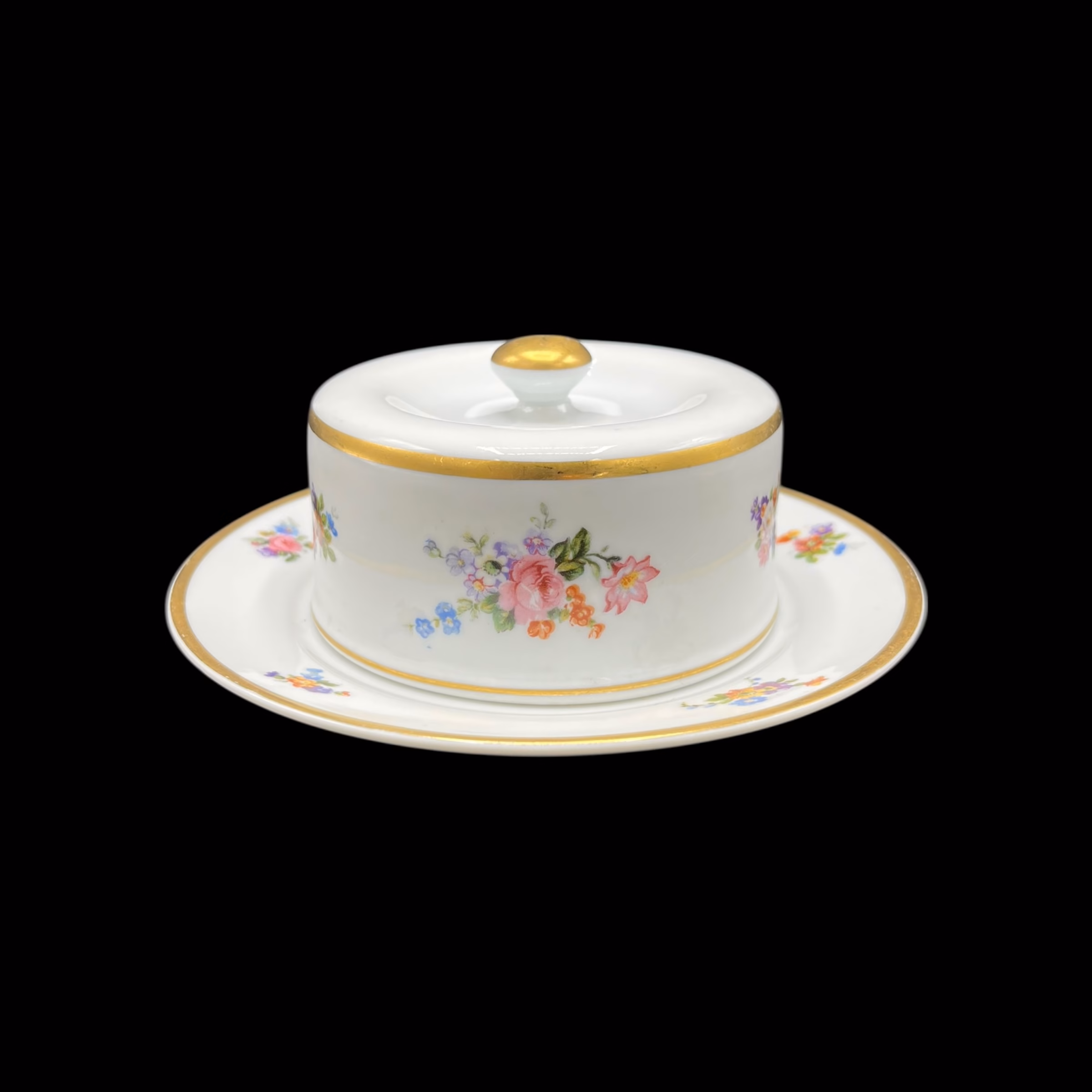 Untieră din porțelan fin Porcelaine de Baudour Belgia, decor floral policrom cu margini aurite Boluri