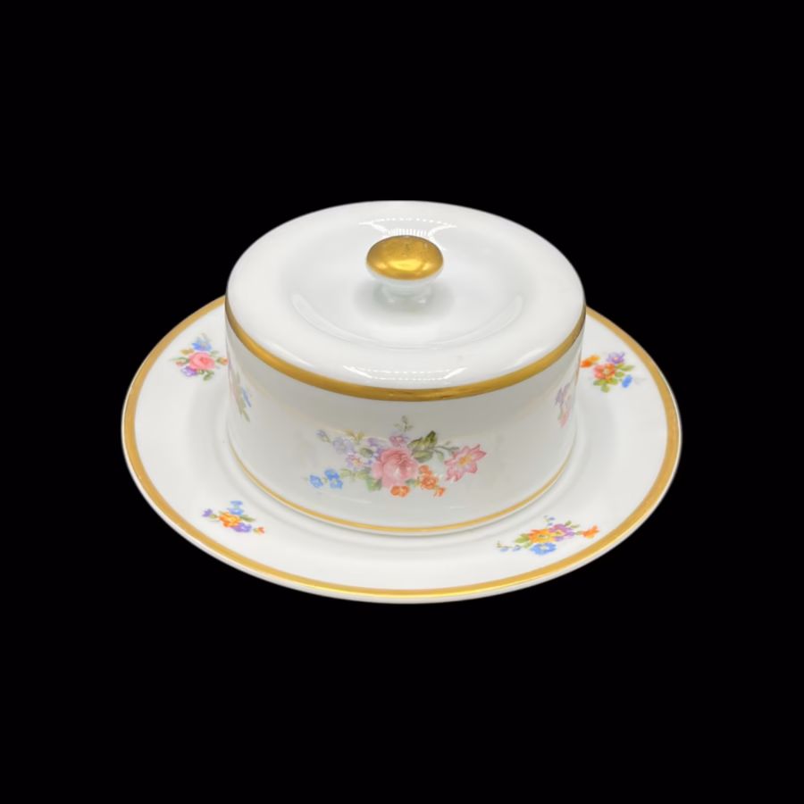 Untieră din porțelan fin Porcelaine de Baudour Belgia, decor floral policrom cu margini aurite