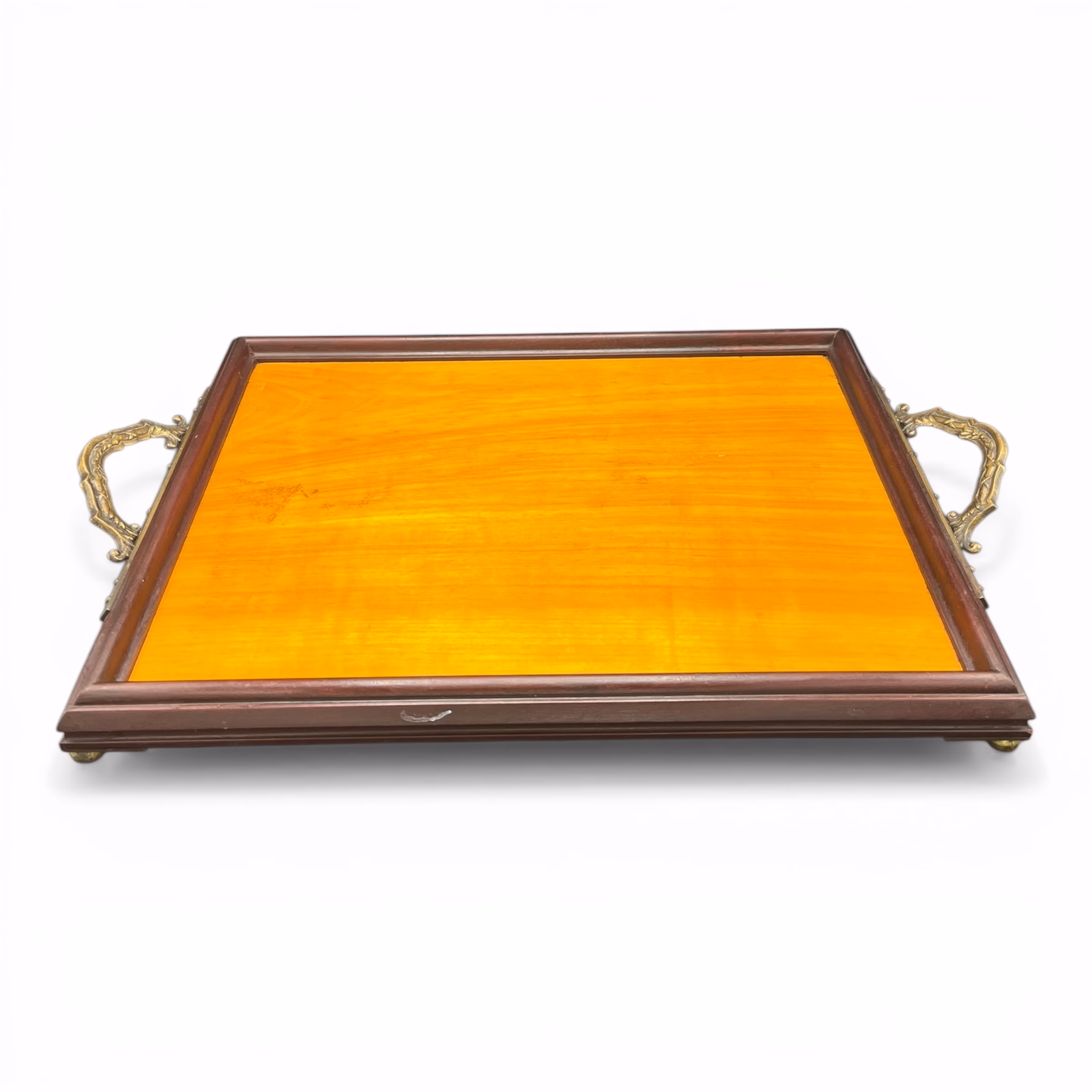 Tavă vintage de servire din lemn masiv cu mânere din bronz, stil clasic englezesc Platouri