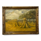 Tablou vintage ulei pe placaj „Peisaj cu clăi de fân”, semnat TH. Lambrecht Decoratiuni