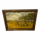 Tablou vintage ulei pe placaj „Peisaj cu clăi de fân”, semnat TH. Lambrecht Decoratiuni