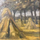 Tablou vintage ulei pe placaj „Peisaj cu clăi de fân”, semnat TH. Lambrecht Decoratiuni