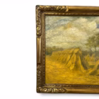 Tablou vintage ulei pe placaj „Peisaj cu clăi de fân”, semnat TH. Lambrecht Decoratiuni