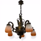Candelabru vintage Art Nouveau din alamă/bronz, 5 brațe, abajururi sticlă originale, cca. 1900 Candelabre