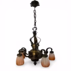 Candelabru vintage Art Nouveau din alamă/bronz, 5 brațe, abajururi sticlă originale, cca. 1900 Candelabre