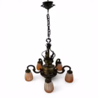 Candelabru vintage Art Nouveau din alamă/bronz, 5 brațe, abajururi sticlă originale, cca. 1900 Candelabre