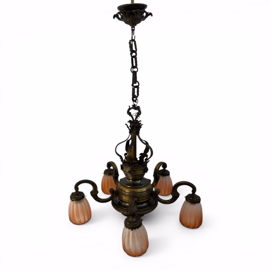 Candelabru vintage Art Nouveau din alamă/bronz, 5 brațe, abajururi sticlă originale, cca. 1900