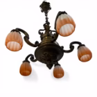 Candelabru vintage Art Nouveau din alamă/bronz, 5 brațe, abajururi sticlă originale, cca. 1900 Candelabre