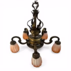 Candelabru vintage Art Nouveau din alamă/bronz, 5 brațe, abajururi sticlă originale, cca. 1900 Candelabre