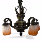 Candelabru vintage Art Nouveau din alamă/bronz, 5 brațe, abajururi sticlă originale, cca. 1900 Candelabre