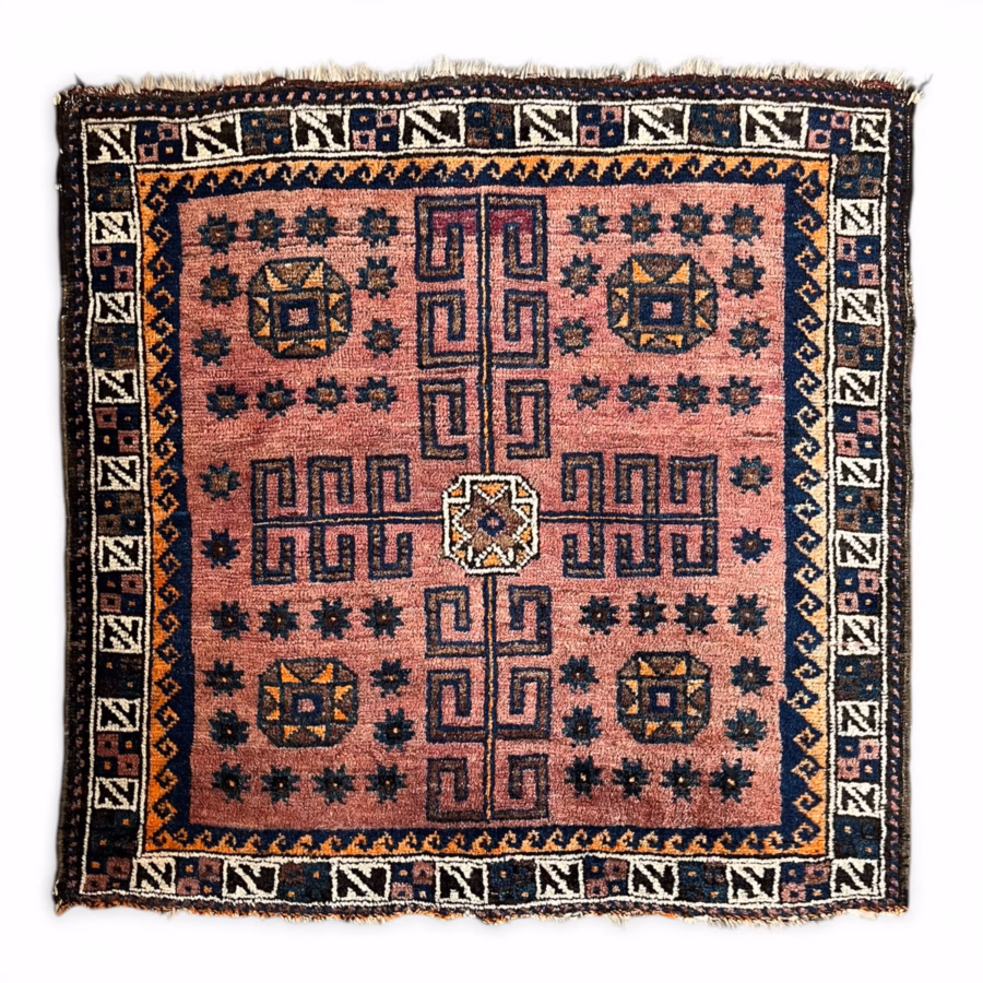 Covor oriental vintage lucrat manual, decor geometric tribal, format pătrat