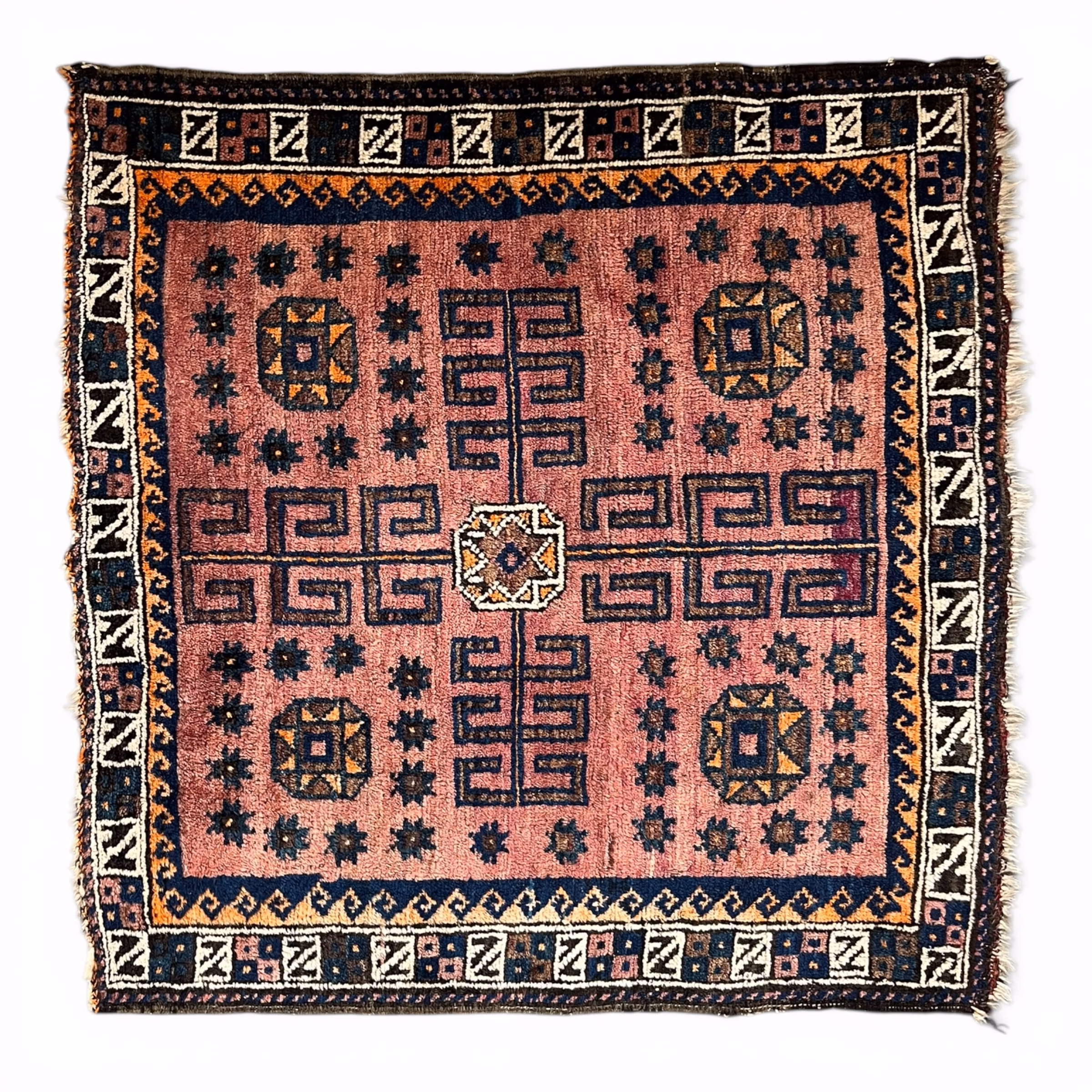 Covor oriental vintage lucrat manual, decor geometric tribal, format pătrat Covoare