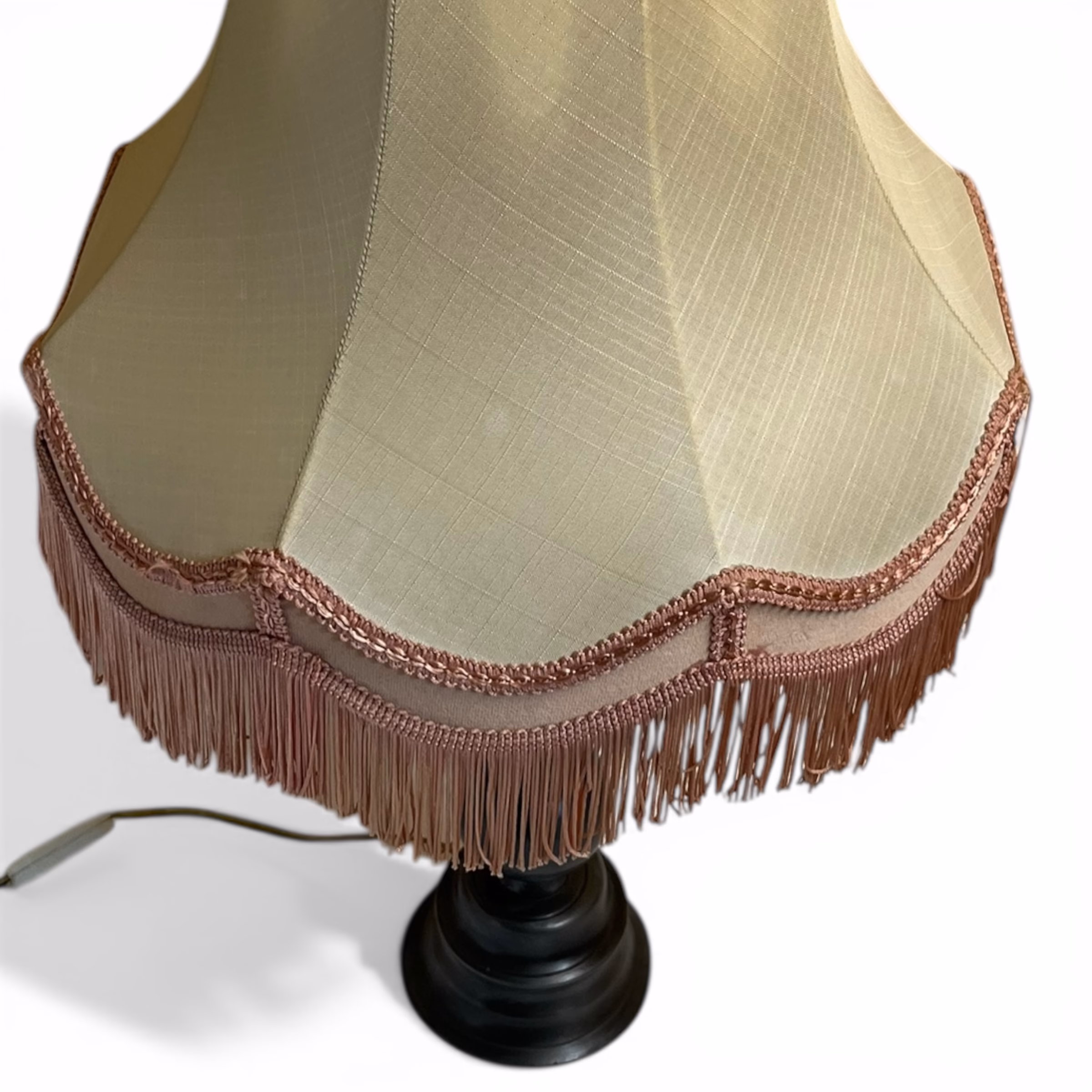 Lampă de masă vintage din cositor, cu abajur textil și element decorativ din ceară naturală Corpuri de iluminat