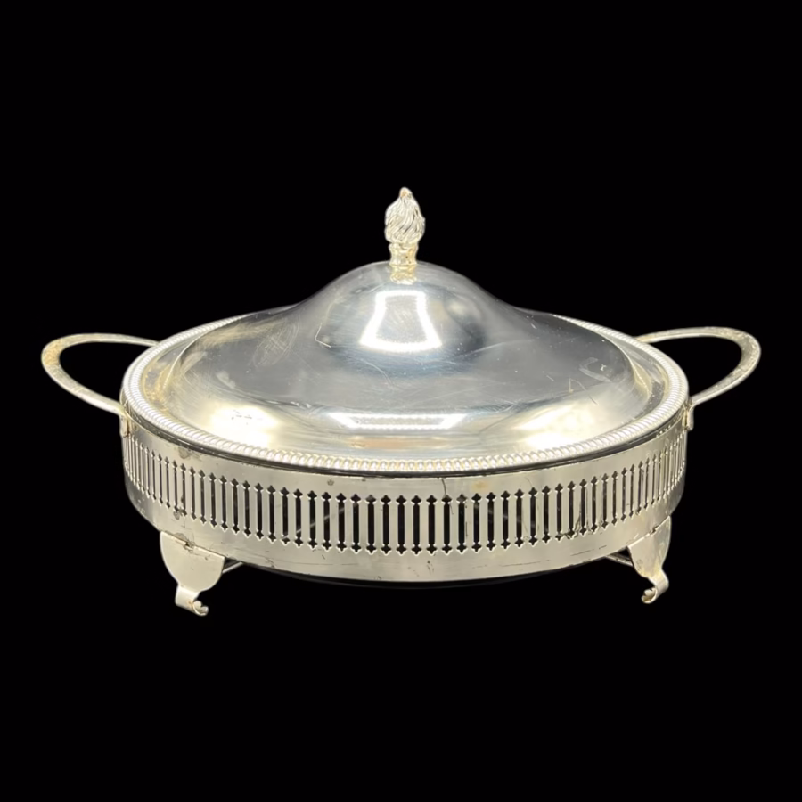 Vas de servire din sticlă Pyrex cu suport și capac argintat