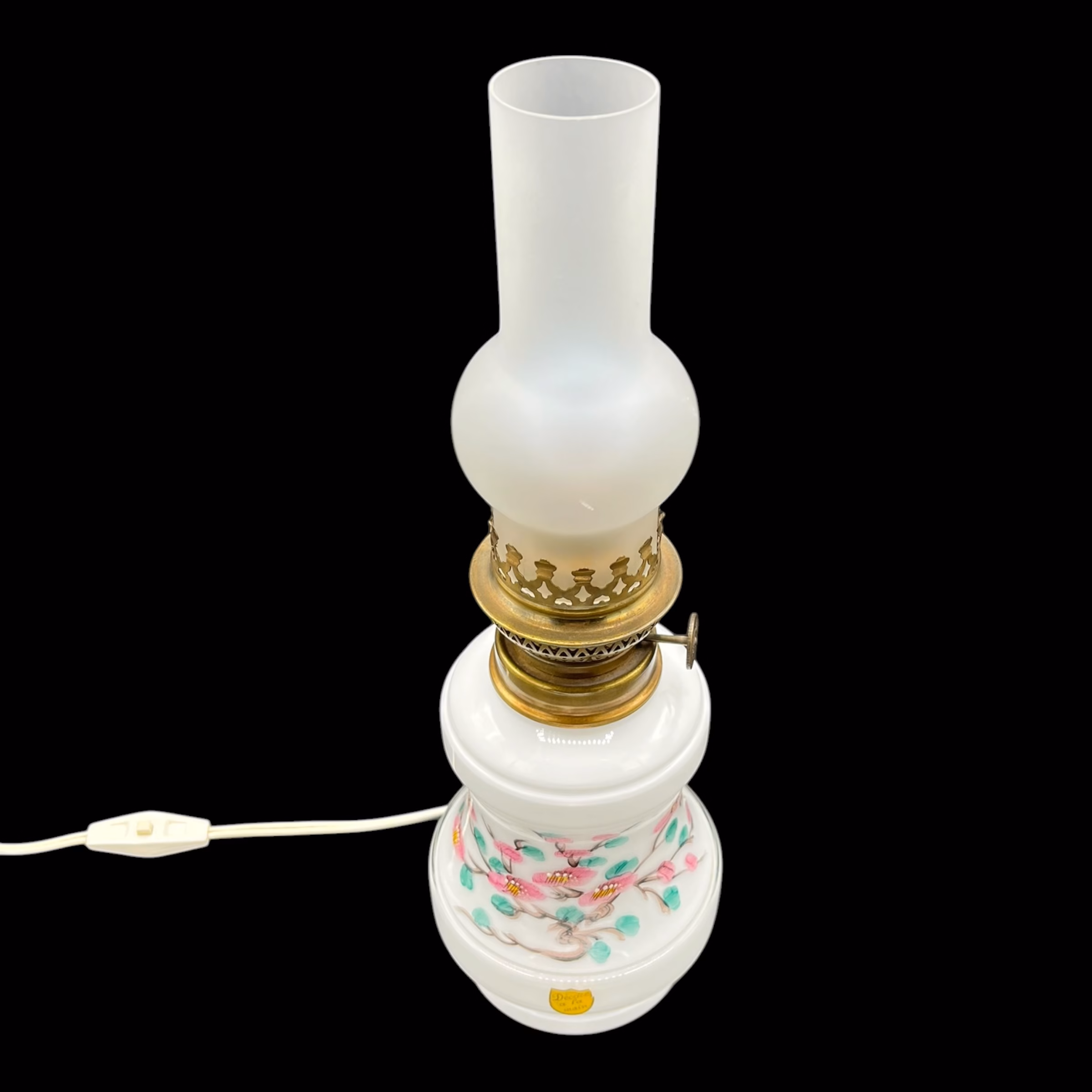 Veioză vintage din sticlă opalină pictată manual model lampă cu gaz Franța 1960 Corpuri de iluminat