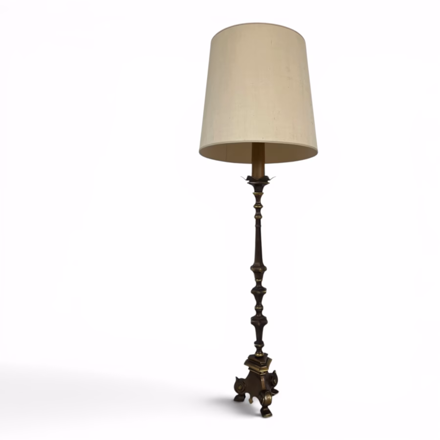 Lampadar Antic de Podea în Stil Neogotic / Baroc – Bronz și Alamă Masivă, cca. 1950