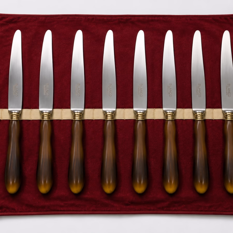 Set 8 cuțite vintage Blanco Stainless cu mânere aspect corn – cu husă textilă originală