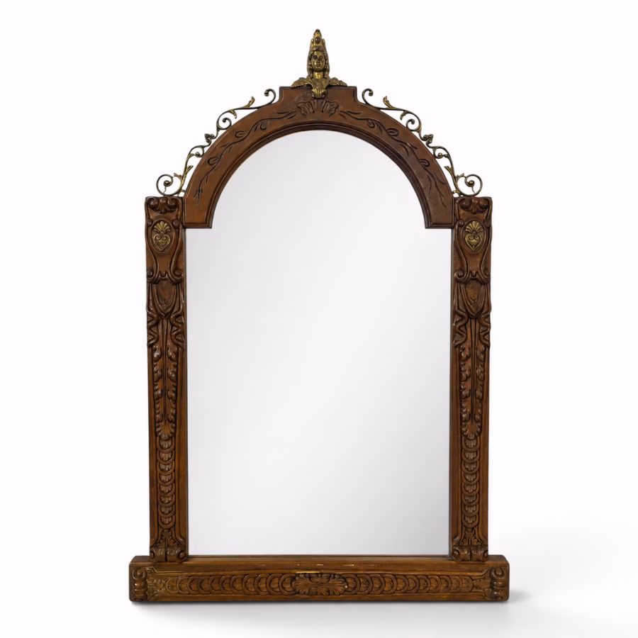 Oglindă Antică de Perete în Stil Victorian din Lemn Masiv Sculptat și Ornamente din Bronz