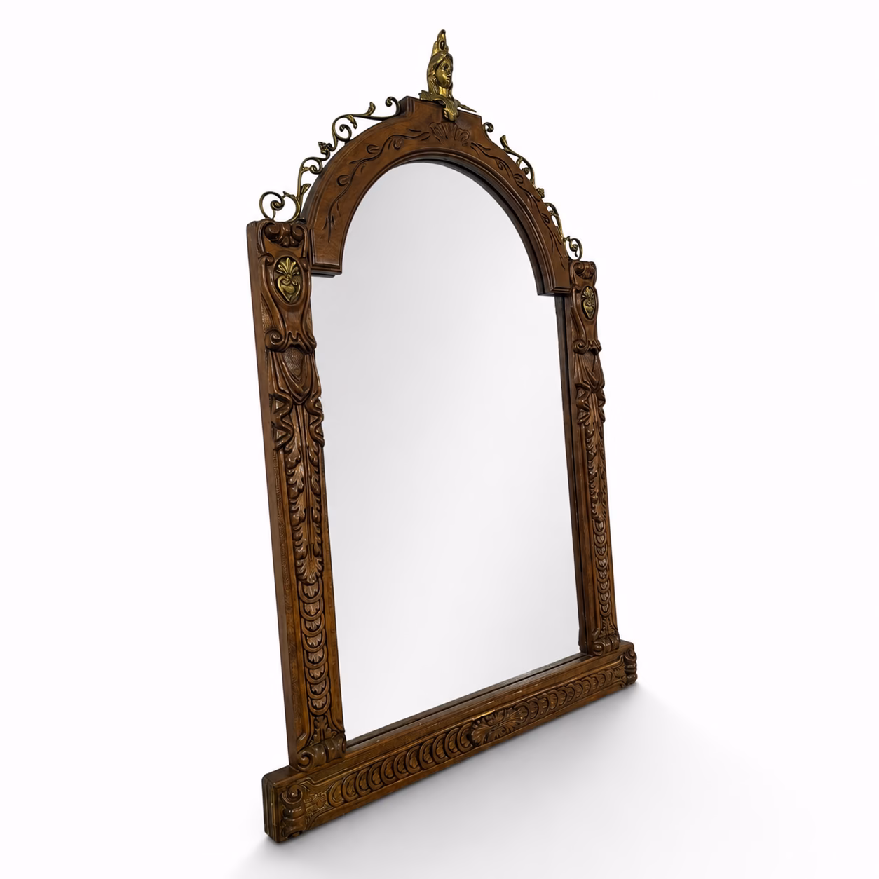 Oglindă Antică de Perete în Stil Victorian din Lemn Masiv Sculptat și Ornamente din Bronz Decoratiuni