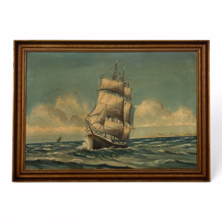 Tablou de Colecție – Marină Clasică cu Corabie în Largul Mării, Ulei pe Pânză, Semnat O. Mølskov 107x79cm