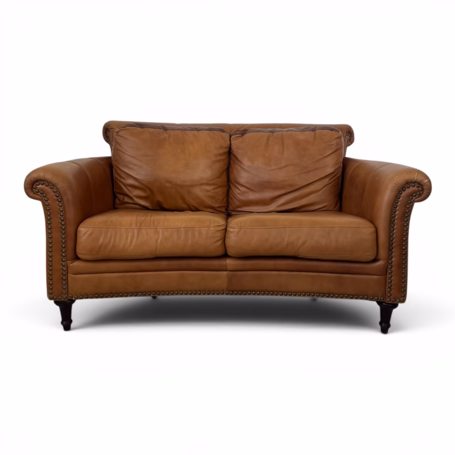 Canapea vintage din piele naturală maro coniac, 2 locuri, stil Chesterfield