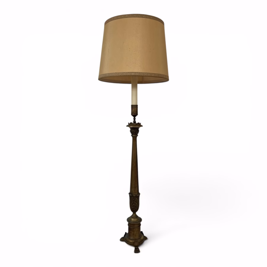 Lampadar Antic din Bronz Masiv cu Abajur Textil și Bază Stilizată în Formă de Gheare