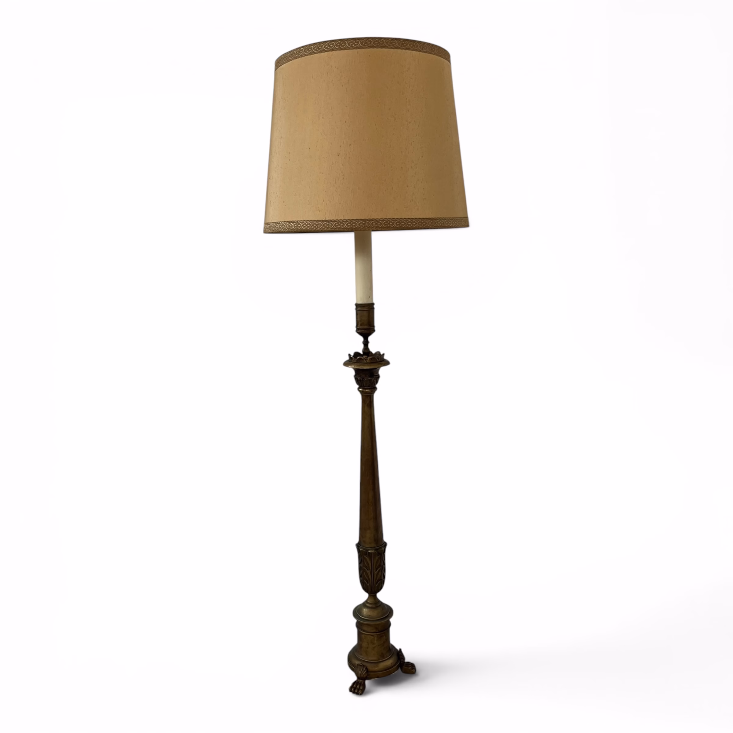 Lampadar Antic din Bronz Masiv cu Abajur Textil și Bază Stilizată în Formă de Gheare Corpuri de iluminat
