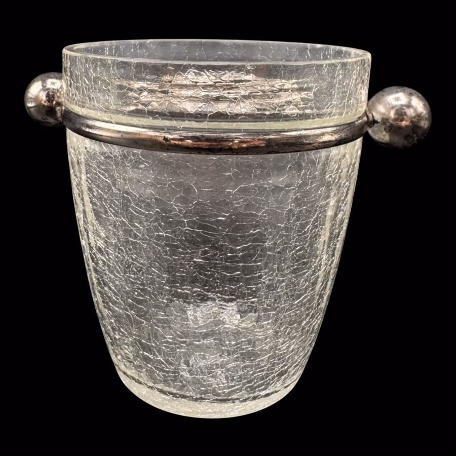 Frapieră Vintage din Sticlă Craquelé cu Mânere Sferice – Stil Mid-Century Barware