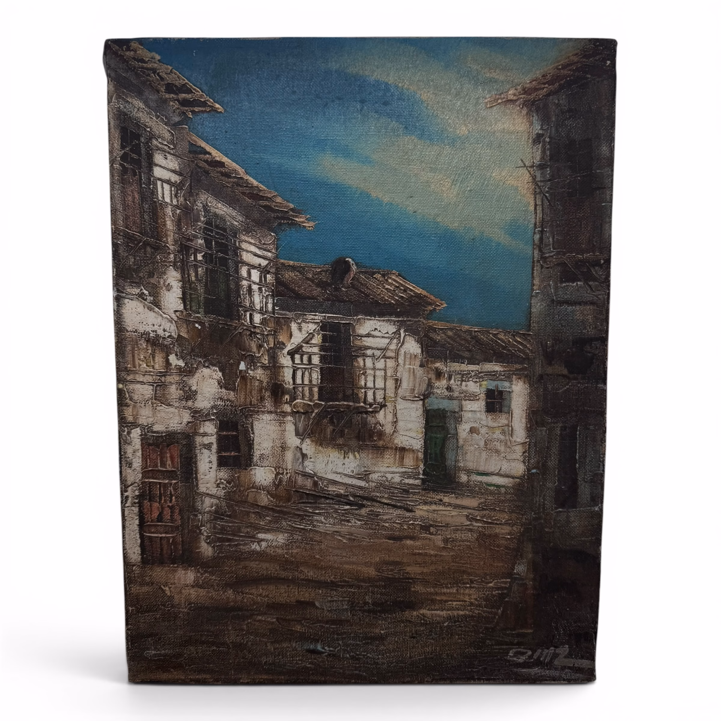Tablou vintage pe pânză – Peisaj urban rustic, semnat Tablouri
