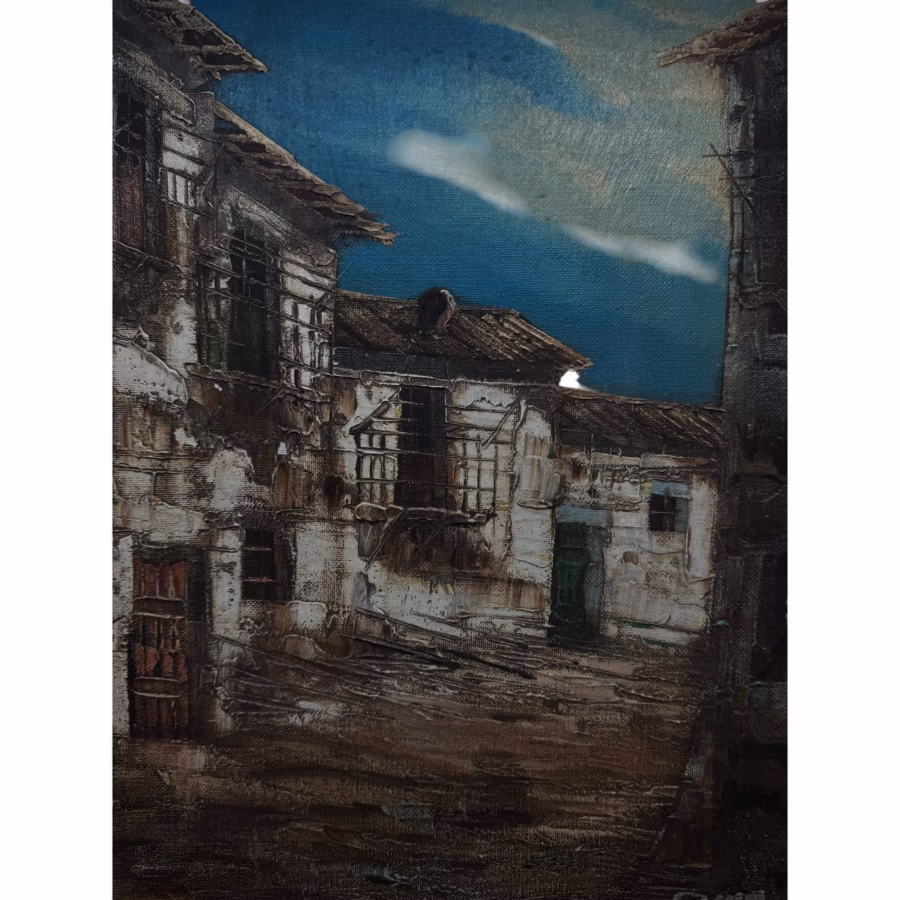 Tablou vintage pe pânză – Peisaj urban rustic, semnat