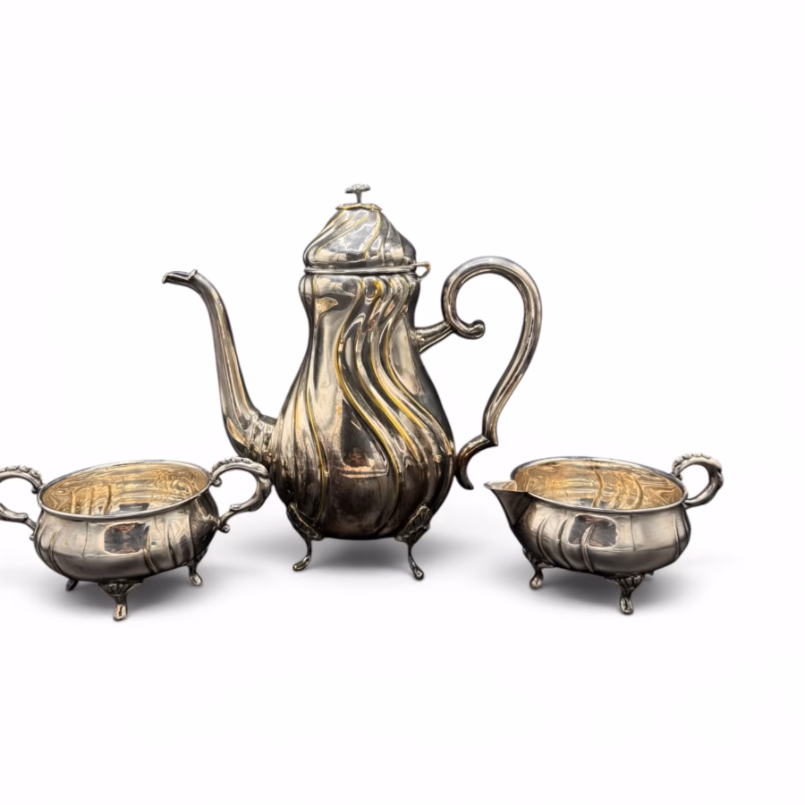 Set Antic din Metal Argintat pentru Ceai și Cafea – Stil Neo-Rococo, Marcaj E.S.P. 80