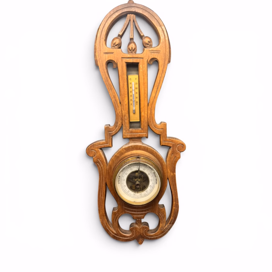 Barometru și Termometru de Perete, din Lemn Sculptat – Stil Art Nouveau / Jugendstil
