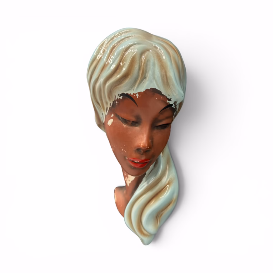 Mască decorativă vintage din ceramică smălțuită – Portret feminin