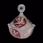 Bombonieră vintage din cristal fațetat cu capac – decor rubiniu gravat cu păsări Bomboniere