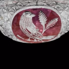 Bombonieră vintage din cristal fațetat cu capac – decor rubiniu gravat cu păsări Bomboniere