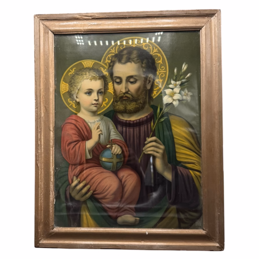 Icoană Veche Catolică „Sfântul Iosif cu Pruncul Iisus” (Oleografie / Cromolitografie pe Placaj), în Ramă de Epocă