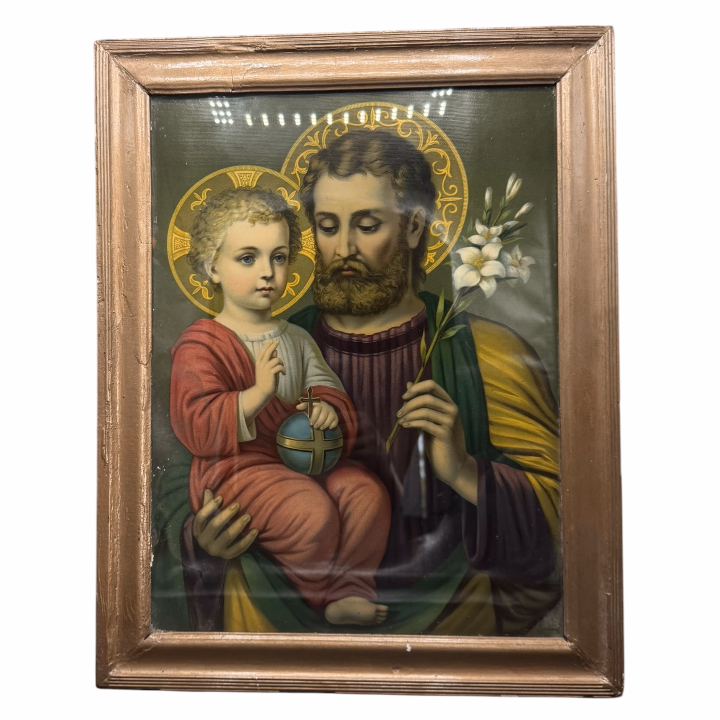Icoană Veche Catolică „Sfântul Iosif cu Pruncul Iisus” (Oleografie / Cromolitografie pe Placaj), în Ramă de Epocă Tablouri