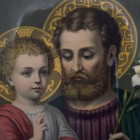 Icoană Veche Catolică „Sfântul Iosif cu Pruncul Iisus” (Oleografie / Cromolitografie pe Placaj), în Ramă de Epocă Tablouri